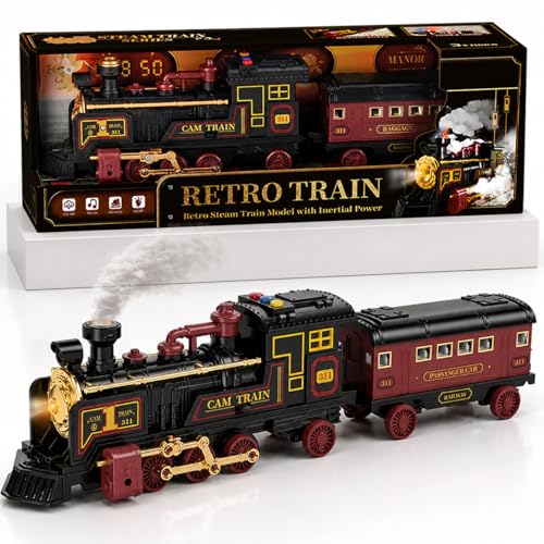 Toyana Retro Steam Train Toy with Realistic Smoke Sound & Lights - 60cm Large Inertial Power Steam Engine with Passenger Car - Vintage Railway Set for Kids Boys & Girls Aged 3+ Years