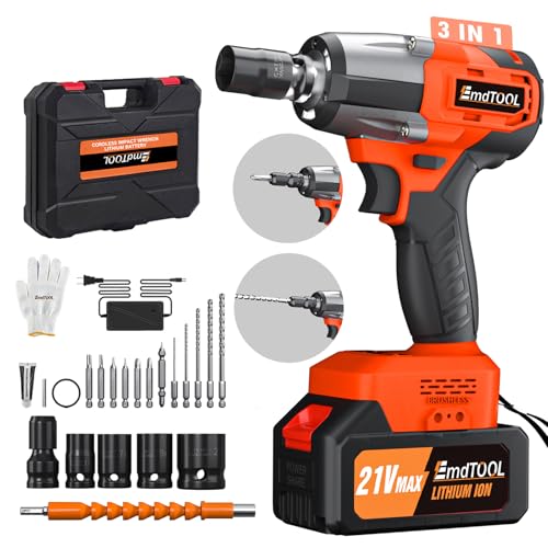 Clé à Chocs Sans Fil Brushless, 550Nm Boulonneuse à Choc Electrique, avec Batterie 4.0Ah 21V, Visseuse à chocs Fréquence d'impact 2500RPM, avec 4 Douilles à Chocs et 12 Accessoires pour Perceuses