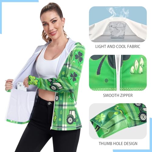 Tractor Green Plaid Shamrock Hoodie Jacket Upf 50+, Long Sleeve Zip up Outdoor Jacket4