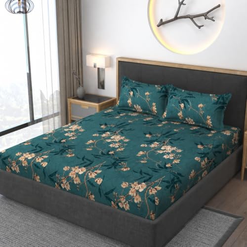 Image of Premium Heavy Cotton Elastic Fitted Bedsheets with 2 King Size Pillow Covers || Double Bed with All Around Elastic 350 TC || 72 x 78 x 10 Inch King Size Fitted || - Green Flower