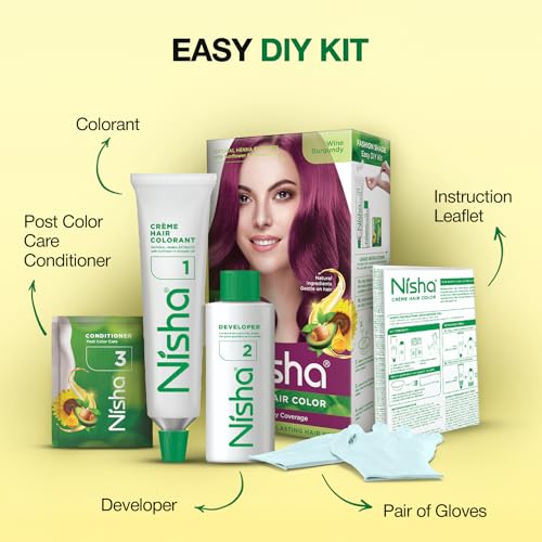 Image of Nisha Creme Hair Color Cream Wine Burgundy, 150g, Long Lasting Hair Dye for Grey Coverage, Rich Color & Natural Shine, For Men & Women, Pack of 1