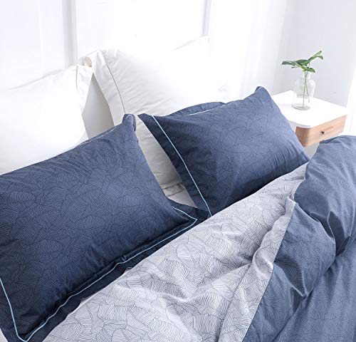 Image of SLEEPBELLA Duvet Cover Set Twin, Navy and Grey Leaves Pattern with Blue Embroidered Flange 600 Thread Count Cotton Reversible Bedding Set