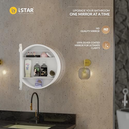Image of iSTAR Round Wall Mirror with Storage Shelf | Bathroom Vanity Cabinet with Hidden Storage Cabinet | Wall Mounted, Bathroom, Bedroom, Living Room