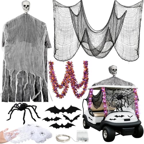Soulchen 23 Pcs Halloween Golf Cart Decoration Kit Giant Spider with Web, Hanging Skull Ghost Creepy Cloth, Bat Stickers, Purple & Yellow Light-Up Streamers, Spooky Decor for Halloween Parade Party