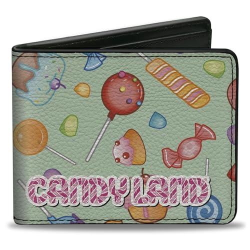 Buckle-Down Hasbro Wallet, Bifold, Candy Land Title Logo and Candy Collage Mint Green, Vegan Leather