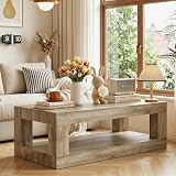 Iopirbu Chunky Weathered Wood Coffee Table for Living Room, 39.4' Rustic Coastal Farmhouse Center Table with 2-Tier Open Storage Shelf, Distressed Oak Look Wooden Tea Table, Easy Assembly, Light Brown
