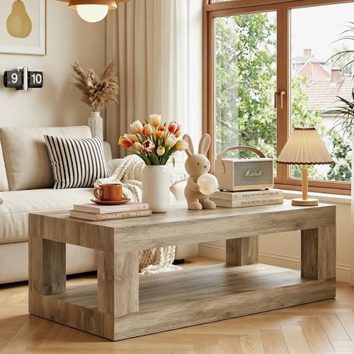 Iopirbu Chunky Weathered Wood Coffee Table for Living Room, 39.4" Rustic Coastal Farmhouse Center Table with 2-Tier Open Storage Shelf, Distressed Oak Look Wooden Tea Table, Easy Assembly, Light Brown