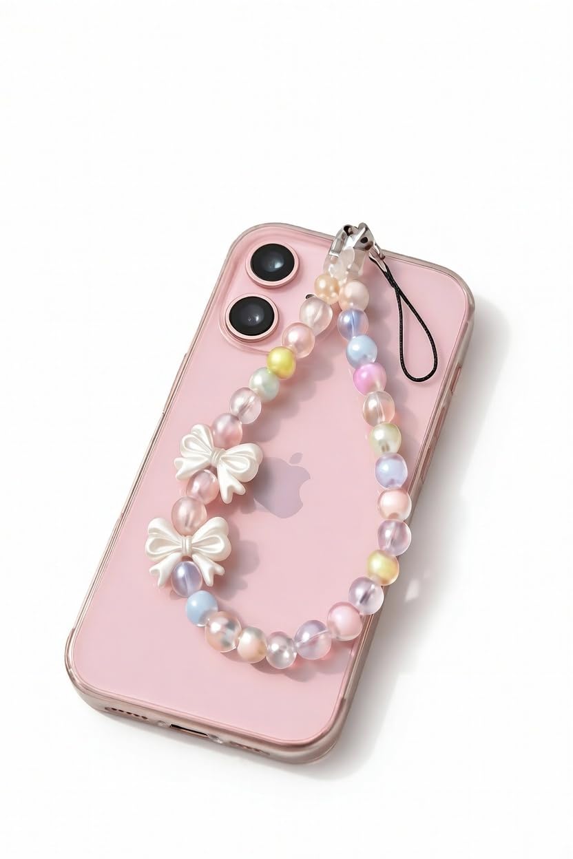 Beaded Phone Charm Strap with Bow, Pastel Beads Wrist Lanyard Keychain for Mobile Keys Bag, Handmade for Girls Kids Women-image-42