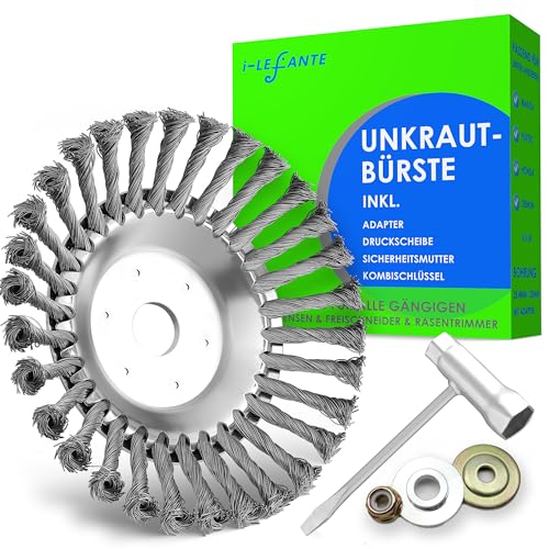 i-LEFNATE Unkrautbürste für Motorsense 200x25 4mm Drahtbürste Moos & Unkraut Entferner robuste Stahlbürste für Garten Pflasterfugen & Steinwege inkl Adapter für 25 4mm & 20cm Bohrung