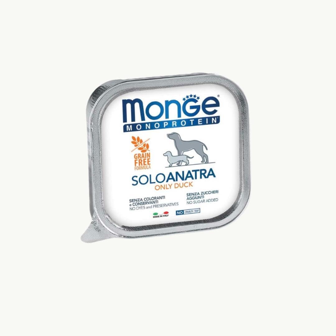 Monge Monoprotein umido cane gusto SOLO ANATRA formula grainfree | 12 vaschette da 150 grammi l'una.