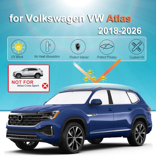 Image of KMF 8pcs Sun Shades for Volkswagen VW Atlas (NOT Cross Sport) 2018-2025 2026 Accessories, Thicken Full Car Window Covers Sunshade for Windshield Side Rear, UV Block and Privacy for Camping Outdoor