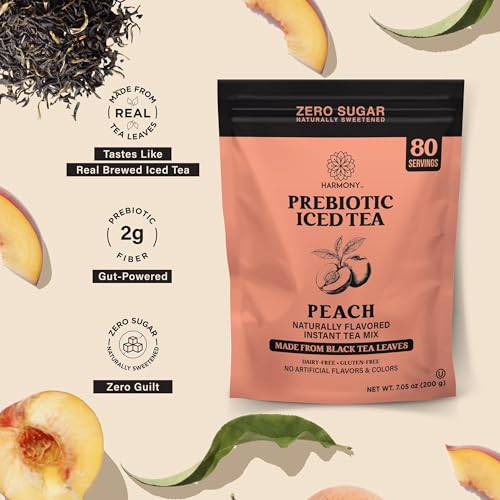 Image of Harmony Peach Prebiotic Black Iced Tea, 7.05 oz Bag, 80 Servings | Real black tea, Ripe peach flavor, 80 servings per bag, Prebiotic plant fiber, 25 calories, Zero sugar, Gluten free