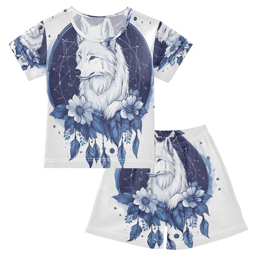 senya Short Sleeve Pajamas Sets Summer Cotton Sleepwear Navy Blue Feather Dreamcatcher Wolf