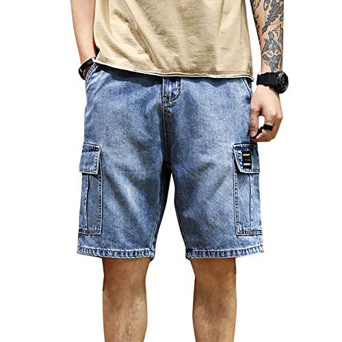 LONGBIDA Men's Loose Fit Denim Cargo Shorts with Multi Pockets(Blue,34)