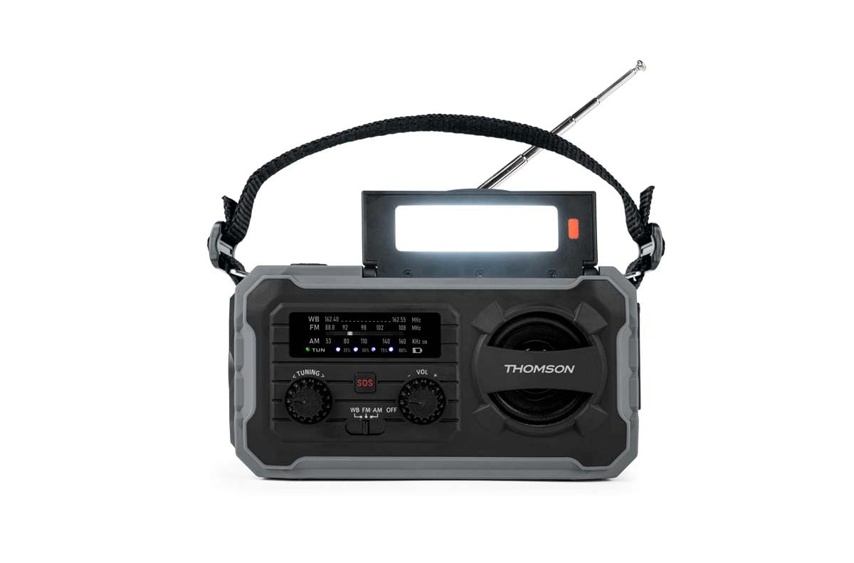 THOMSON Radio Solaire d’Urgence Portable, Survie Dynamo FM/AM, Lampe Torche LED, Alarme SOS, Batterie Rechargeable 4000mAh et Chargeur Smartphone USB-C, pour Camping, Dépannage – Gris - RT280G