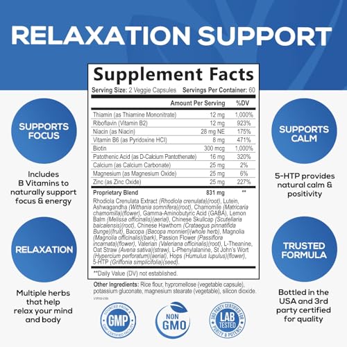 Stress Support Supplement - Extra Strength Ashwagandha, GABA, Magnesium, L-Theanine for Relief - Supports Mood & Focus - Naturally Calm, Unwind & Relax - Eases Tension & Nervousness - 60 Capsules - Image 3