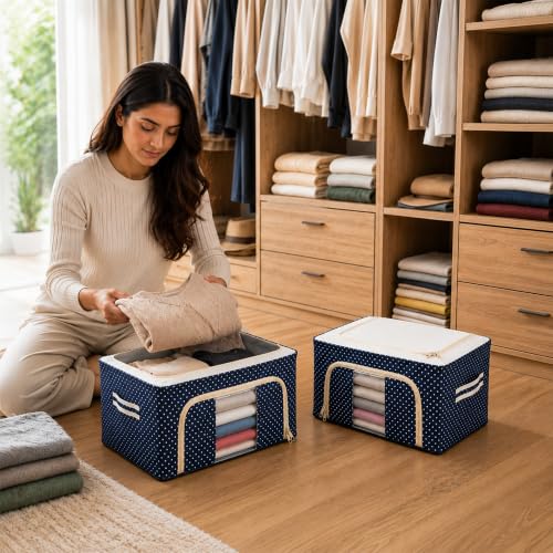 Image of CLAPONE Foldable Steel Frame Cloth Organizer Storage Box and Organiser /Wardrobe Organizer for Storage /almirah for Sarees /Shirts /Blankets /Clothes Storage Box (Blue, 24 Ltr Pack Of 2)