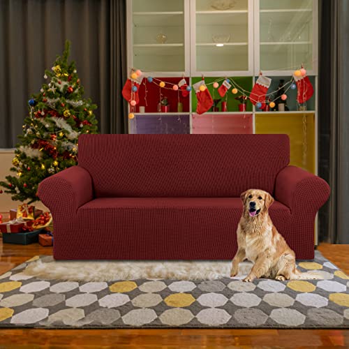 KEKUOU Stretch Loveseat Sofa Cover Slipcover,Couch Covers for 2 Cushion Couch Sofa (55"-78") Furniture Protector Sofa with Elastic Bottom for Kids,Dog. Jacquard Small Checked (Medium,Dark Red)