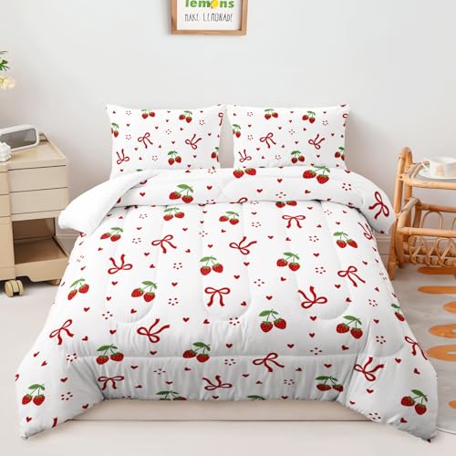 Image of AILONEN Sweet Fruit Comforter Full 3 Piece Coquette Ribbon Bedspread Red Cherry Style Print Quilt Cute Room Decoration White Patterned Padded Cover 2 Shams
