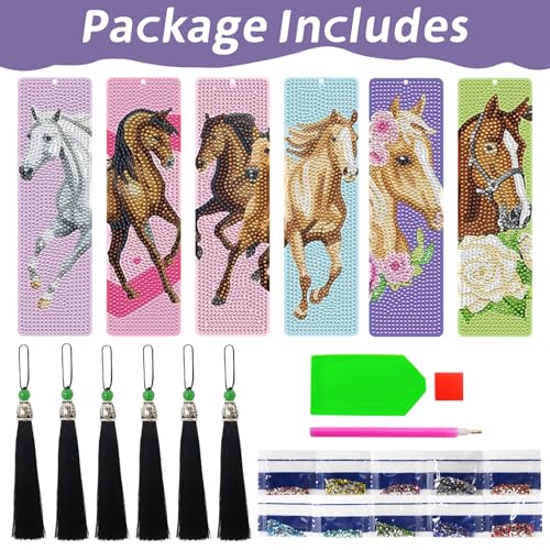 Lymshine Diamond Art Bookmarks Kits, 6 Pcs Diamond Painting Horse Bookmarks with Crystal Pendant - Image 2