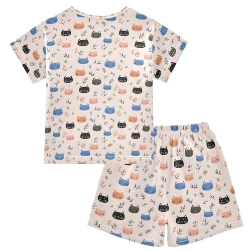 Colorful Cat Pattern Pajama Set, Short Sleeve Cotton Sleepwear Nightwear2