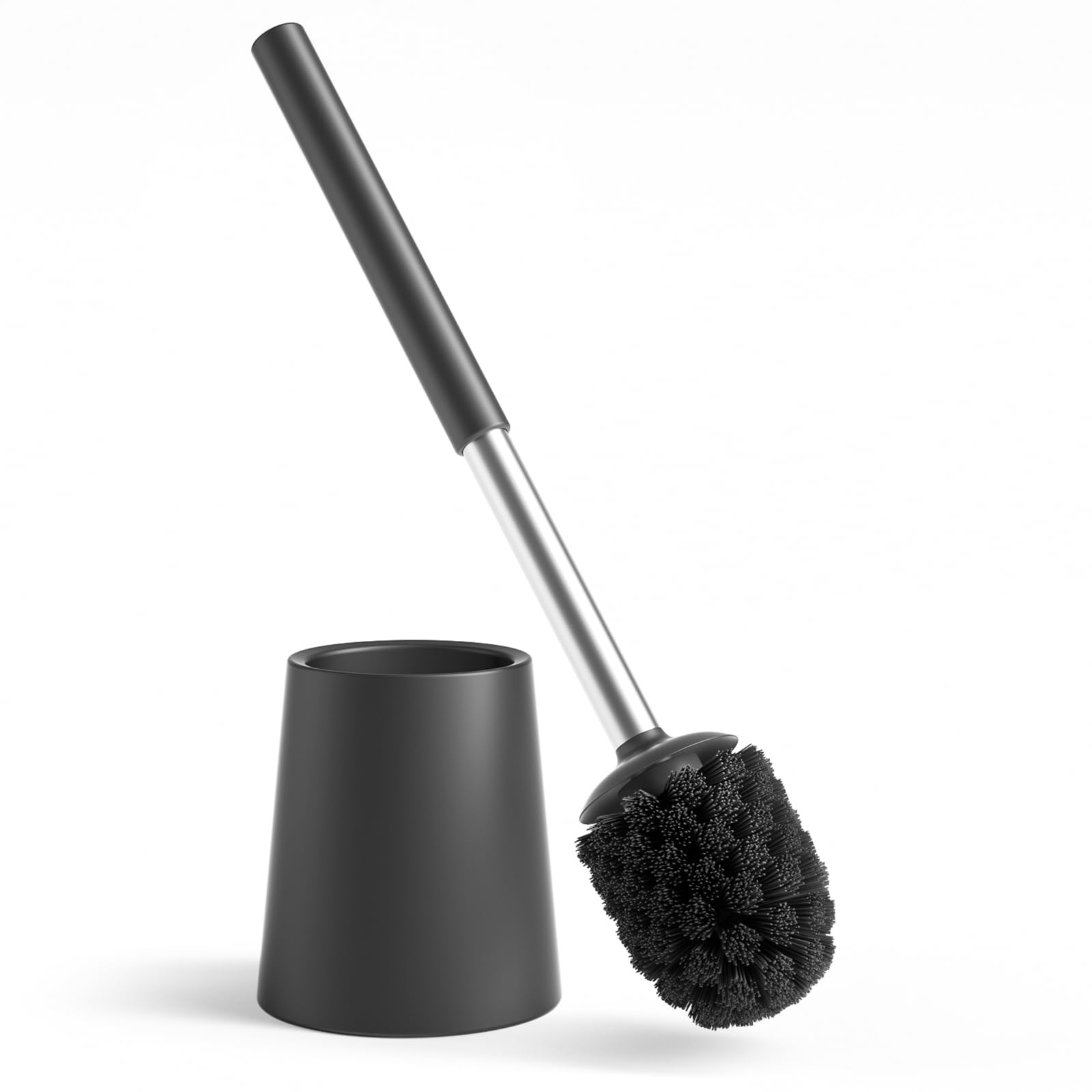 TOURRAMIT 304 Stainless Steel Toilet Brush & Holder Set – Freestanding, Rustproof, Replaceable Head Design, Sleek Modern Bathroom Accessory (Matte Black)
