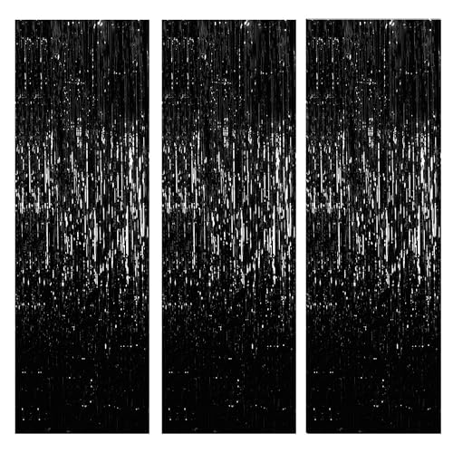 Image of Party Propz Black Foil Curtain for Decoration - 3 Pcs (3 ft x 6 ft Each) Large Foil Curtains for Birthday Decoration | Black Birthday Decoration Items | Foil Fringe Curtain | Party Decorations Items