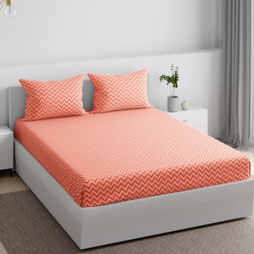 Image of Wakefit 100% Cotton 160 TC Fitted Bedsheet with 2 Pillow Covers | Makena King, 75 inch x 72 inch, Makena | 1.91m x 1.83m