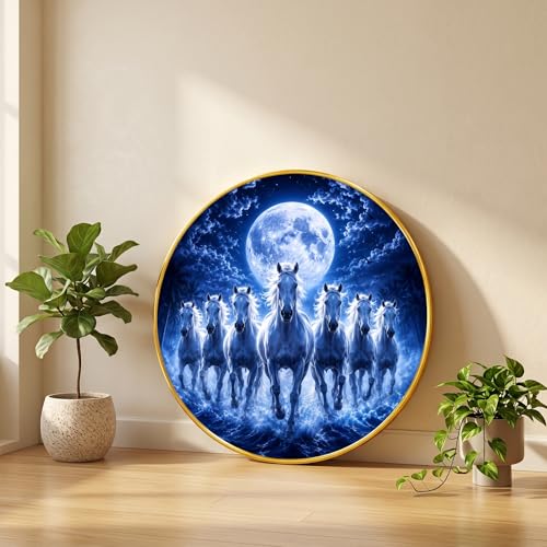 Image of SAF 7 Horse Moon Vastu Round Wall Painting with Premium PVC Golden Frame, Blue Night White Horses Water Art for Living Room Office Home Decor Gift (23 x 23 Inch) GR-456