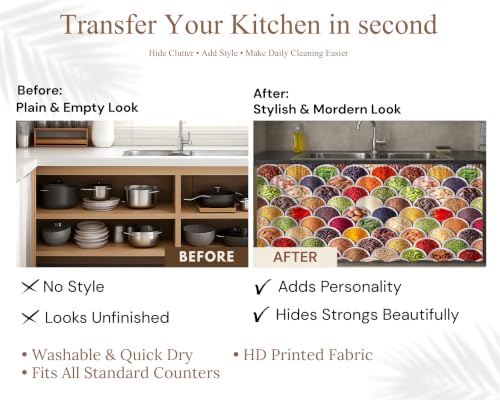 Image of Kitchen Curtains for Sink | Premium Printed Under-Sink Skirt for Kitchen Counter | Washable & Dustproof Rod Pocket Curtain | Home & Cooking Theme Decor (150cm x 70cm) (Masala)