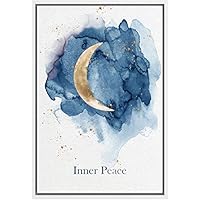 SIGNWIN Framed Canvas Wall Art Inner Peace with A Gold Cresent Moon in Blue Sky Astronomy & Space Cosmic Watercolor Abstract Modern Scenic for Living Room, Bedroom, Office - 16