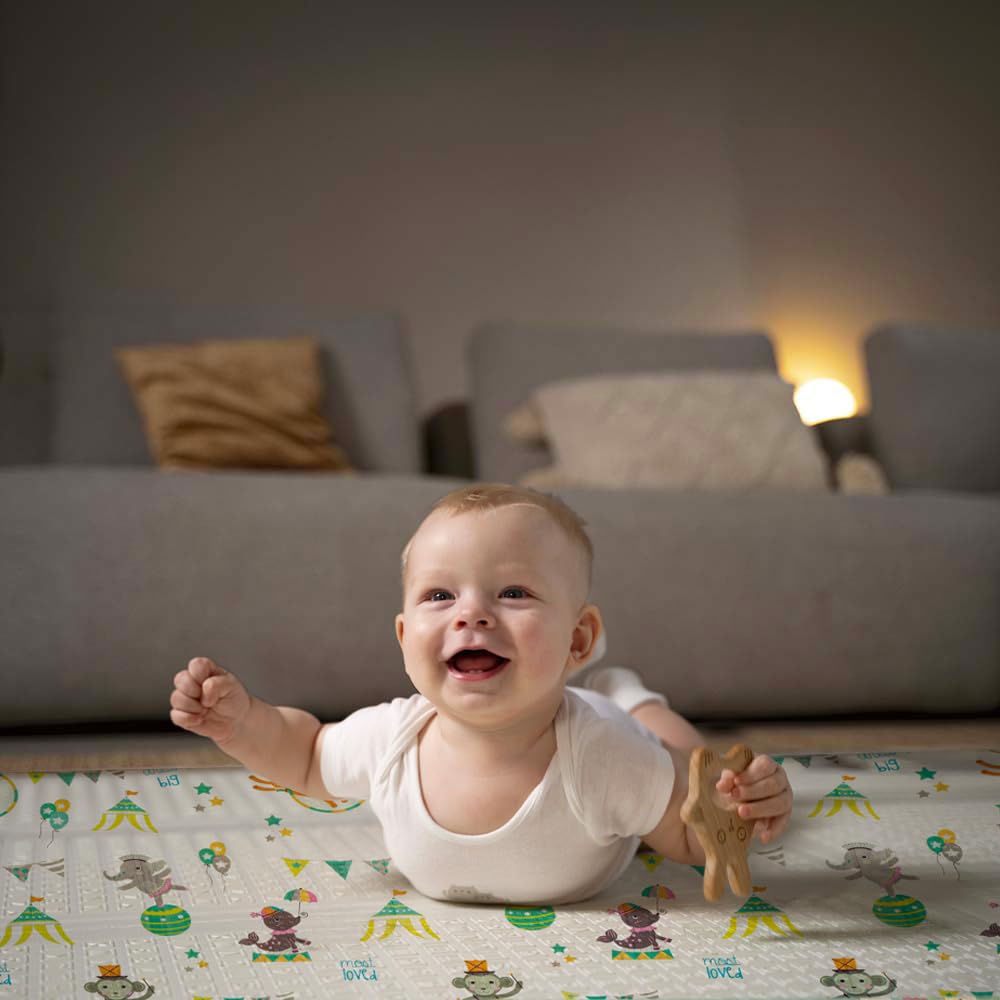OLIVO.shop Tappeto gioco bambini pieghevole, Tappeto bambini, tappeto gioco neonato reversibile e non tossico, Tappeto cameretta 150x200 cm PLAY (GIRAFFA/CIRCO)