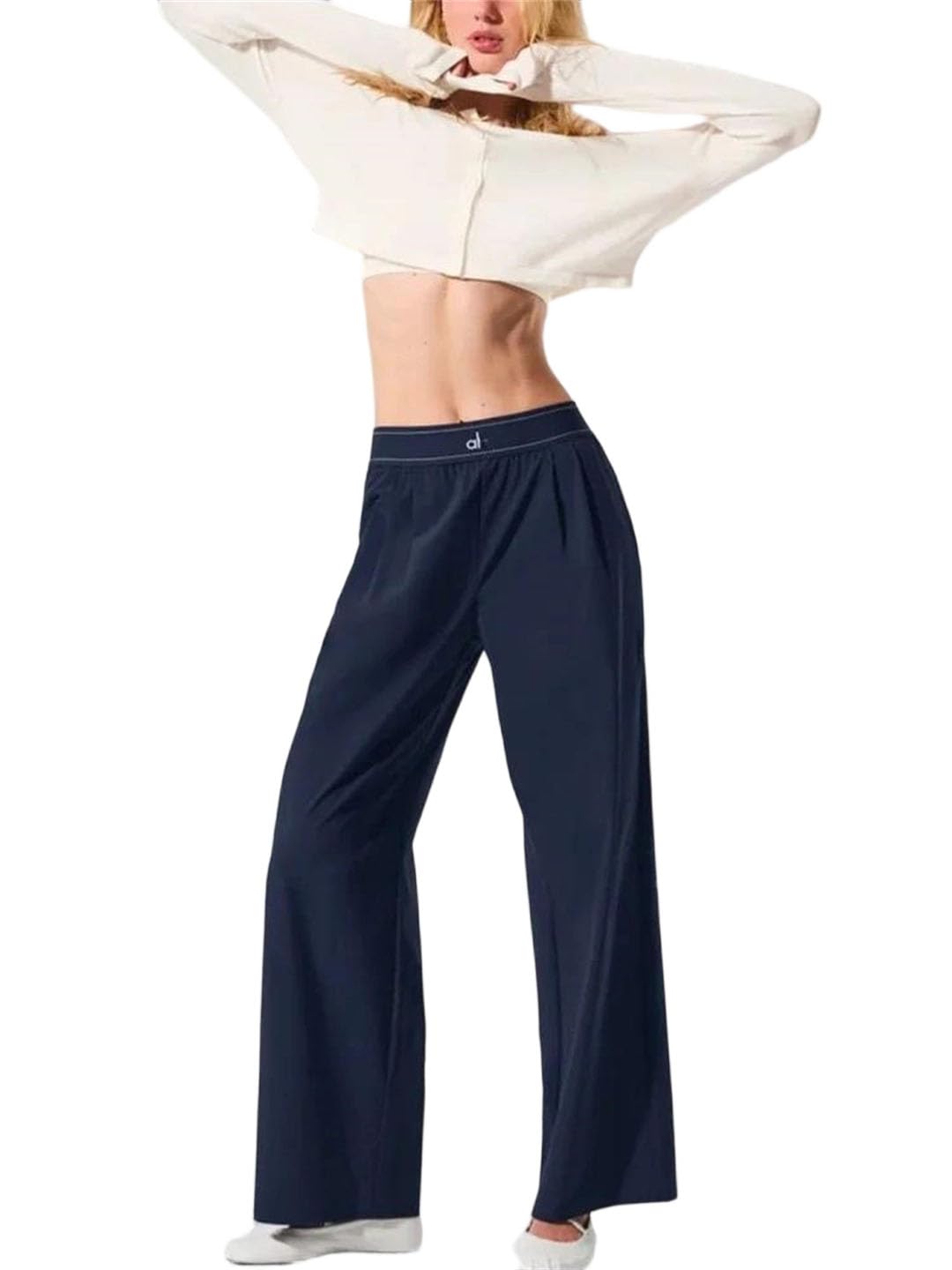 Women Elastic Waist Solid Wide Leg Pants