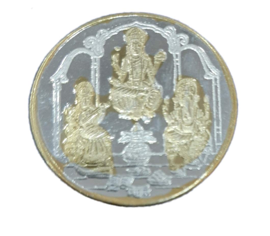 Veer Jewels 999 Purity Silver Gold Plated Lakshmiji, Ganeshji & Saraswati Ji Coin 5 Gm