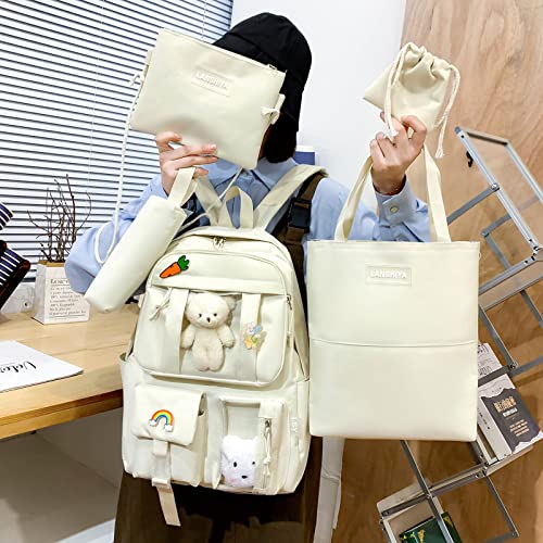 Kawaii 5PCS Backpack Set for Girls with Cute Bear Accessories - School Bookbag, Shoulder Bag, Handbag, Pen Pouch & More - Perfect for Student Back to School Supplies, Off-White2