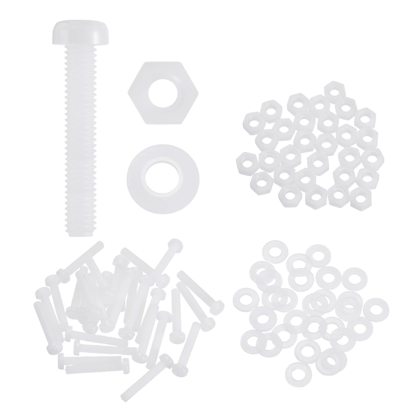 sourcing map 30 Set M4x25mm Nylon PA66 Plastic Cross Round Head Screw Phillips Bolts Hex Nuts Flat Washers Assortment Kit, Metric Full Thread Bolt Fasteners for DIY Machine Assembly, White — image 1