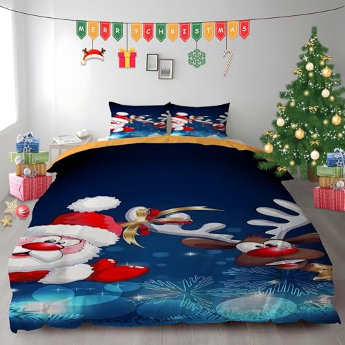 布団カバー ダブル サンタクロース|マイクロファイバー 掛け布団カバー 190x210 +枕カバー 2枚 3点セット|吸汗速乾・防静電気・洗濯耐久|肌ざわり最高 トナカイと雪の結晶 なプリントデザイン PH766