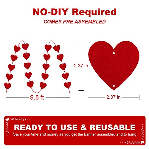 120 Red Hearts Felt Garland for Valentines Day Decorations - NO DIY - Valentines Day Hanging Decor - Red Heart Hanging String Garland for Valentines Wedding Anniversary Birthday Party Supplies - Thumbnail 6
