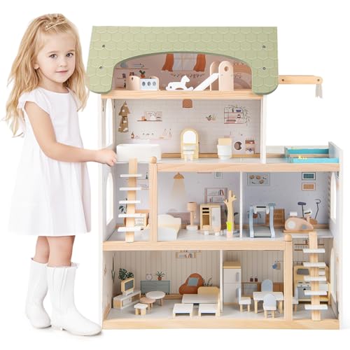 Costzon Wooden Dollhouse, Kids DIY Pretend Playhouse w/ 33 PCS