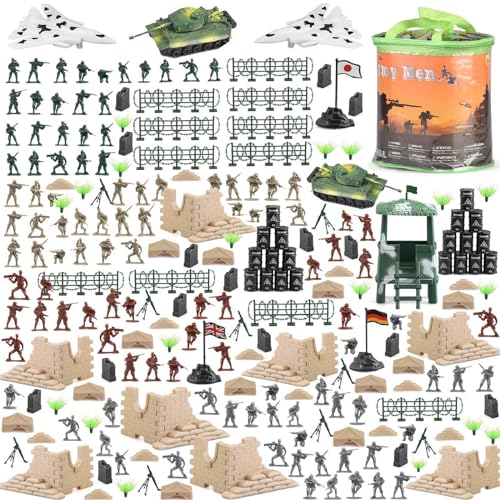 Boderam 250-teiliges Armee-Männer Armee-Soldaten Plastikspielzeug, Militär Action Figuren Spielset Kinder Militär Soldaten Eimer mit Panzern, Flugzeugen, Soldatenfiguren und Zubehör für Jungen Mädchen