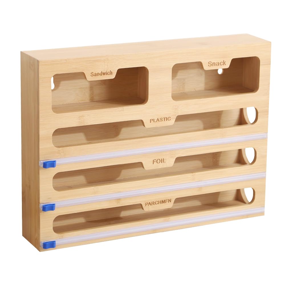 YANGUN 5 in 1 Foil Dispenser with Cutter, Bamboo Wooden Foil Dispenser, Bamboo Foil Dispenser, Aluminum Foil and Wax Paper Dispenser for Kitchen Drawer, Compatible with 15" or Lower Roll