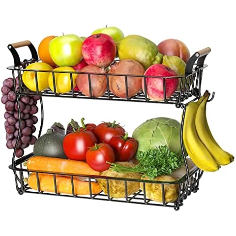 CHLORYARD 2-Tier Countertop Fruit Basket Bowl Storage with Two Banana Hangers and Wooden Handles, Black Cover