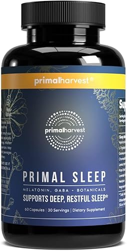 Primal Harvest Suplemento de apoyo para el sueño Primal, 60 cápsulas con raíz de valeriana, L-triptófano, GABA, manzanilla y melatonina 3 mg..