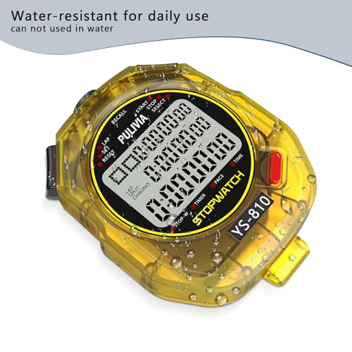 Image of Stopwatch Timer 10 Splits /Laps Digital Stop Watch for Sports, Countdown Alarm Clock Date Memory Recall Large Display, Stopwatch for Coaches PE-Teacher Referee (Yellow, 10 Splits /laps)