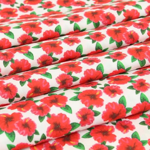 Baumwollstoff Meterware Hibiskus – Stoff Weiß mit roten Blumen, 100% Baumwolle, weich & hautfreundlich, für Kleidung, Deko & Patchwork