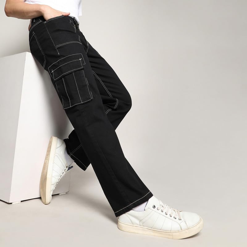 Image of CAHOOT Men's Stitched Cargo Denim Jeans for Casual Wear | Dark-Wash | 5 Pocket | Button Closure | Denim Jeans Crafted with Comfort Fit for Everyday Wear