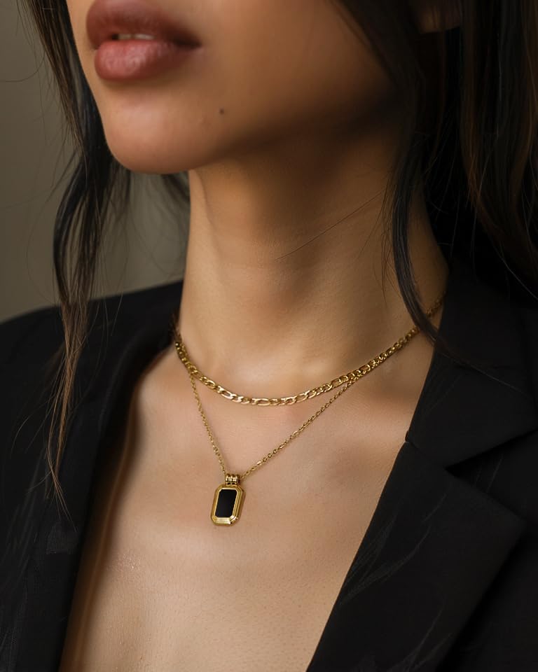 Gold Necklace, Layered Gold Necklaces for Women, 18k Gold Plated Black Onyx Pendant, Chain Necklace, Queen & Love Themed, Women's Fashion Jewelry3
