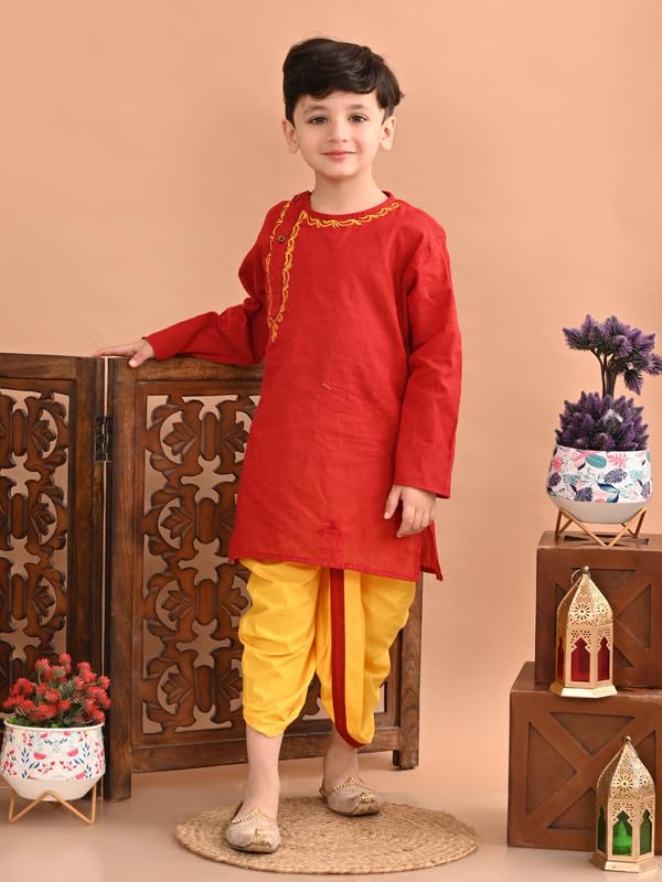 Image of superminis Baby Boy's Handloom Cotton Kurta With Embroidery Around The Neck And Contrast Color Dhoti Clothing Set