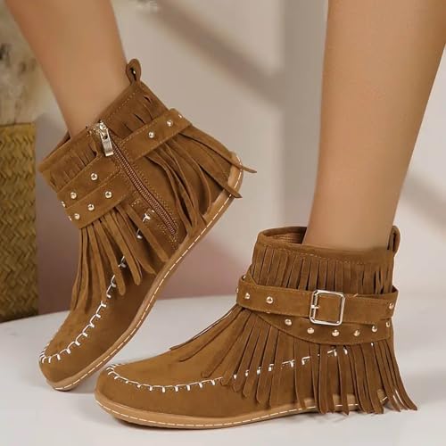 Fringe Boots for Women Western Cowgirl Ankle Boots Suede Round Toe Flats Pull On Short Boots with Tassels Retro Winter Low Heel Ankle Booties