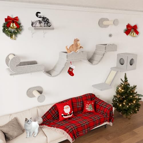 BYBYME Kletterwand Katzen Mit Langer BrüCke, Katzenregale Mit KratzbäUmen Und Katzenhaus, 5PCS Platzsparendes KlettermöBel FüR Erwachsene Katzen Und KäTzchen (Hellgrau) BYBYME Kletterwand Katzen Mit Langer BrüCke, Katzenregale Mit KratzbäUmen Und Katzenhaus, 5PCS Platzsparendes KlettermöBel FüR Erwachsene Katzen Und KäTzchen (Hellgrau)